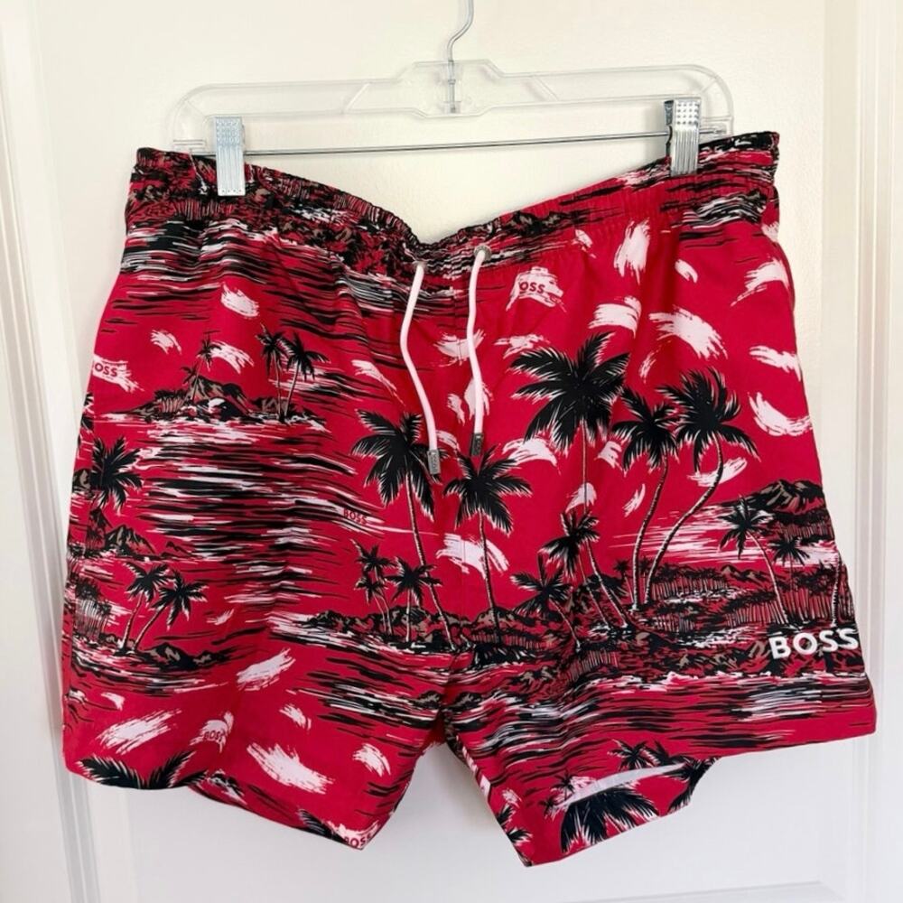 NWT BOSS Hugo Boss Springfish Swim Trunks Shorts Black Red XXL